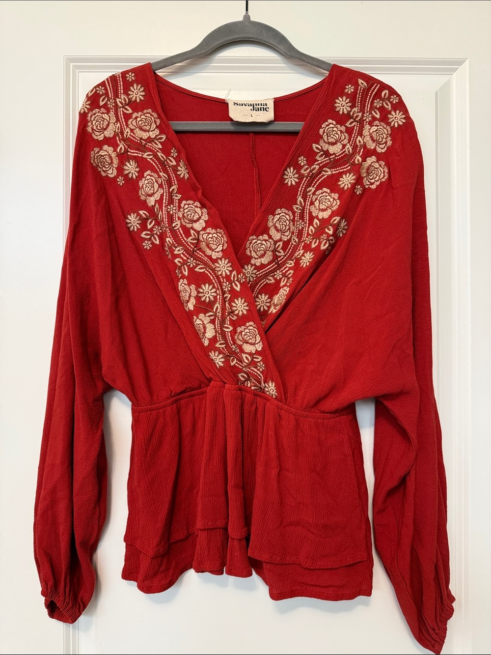 Savanna Jane Red V-Neck Embroidered Peplum Tunic